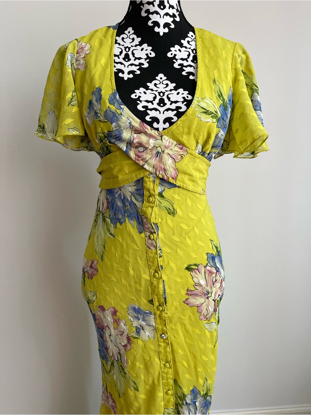 ASOS Chartreuse Floral V-Neck Maxi Dress